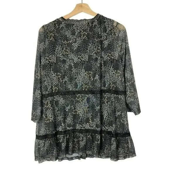 Isaac Mizrahi Live Black & Gray Ditsy Floral Button Front Long Sleeve Blouse M - Picture 2 of 5